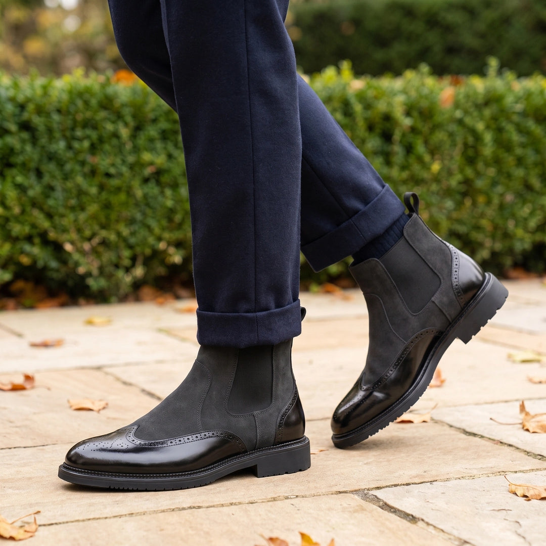Mitchell Leather Wingtip Suede Chelsea Boots - Black