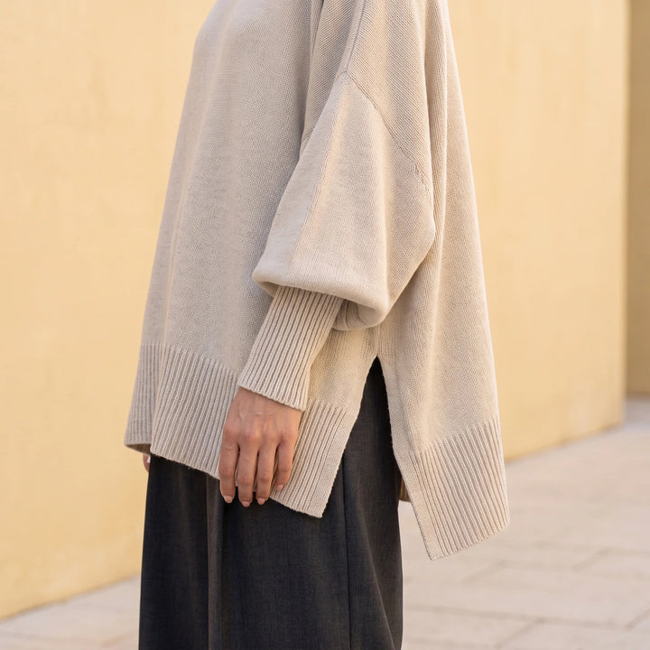 Monica Dolman Sleeve Knit Tunic Sweater - Beige