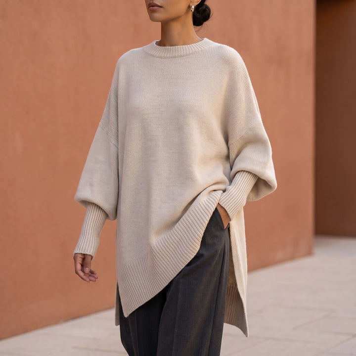 Monica Dolman Sleeve Knit Tunic Sweater - Beige
