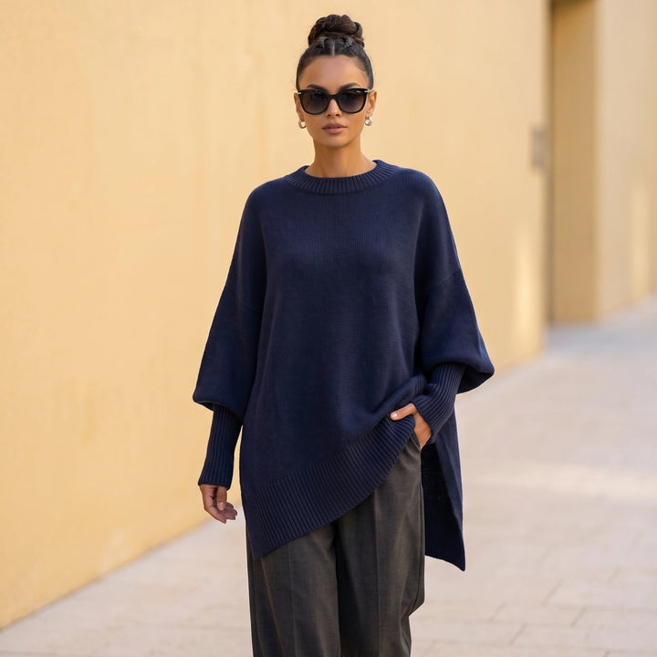 Monica Dolman Sleeve Knit Tunic Sweater - Navy Blue