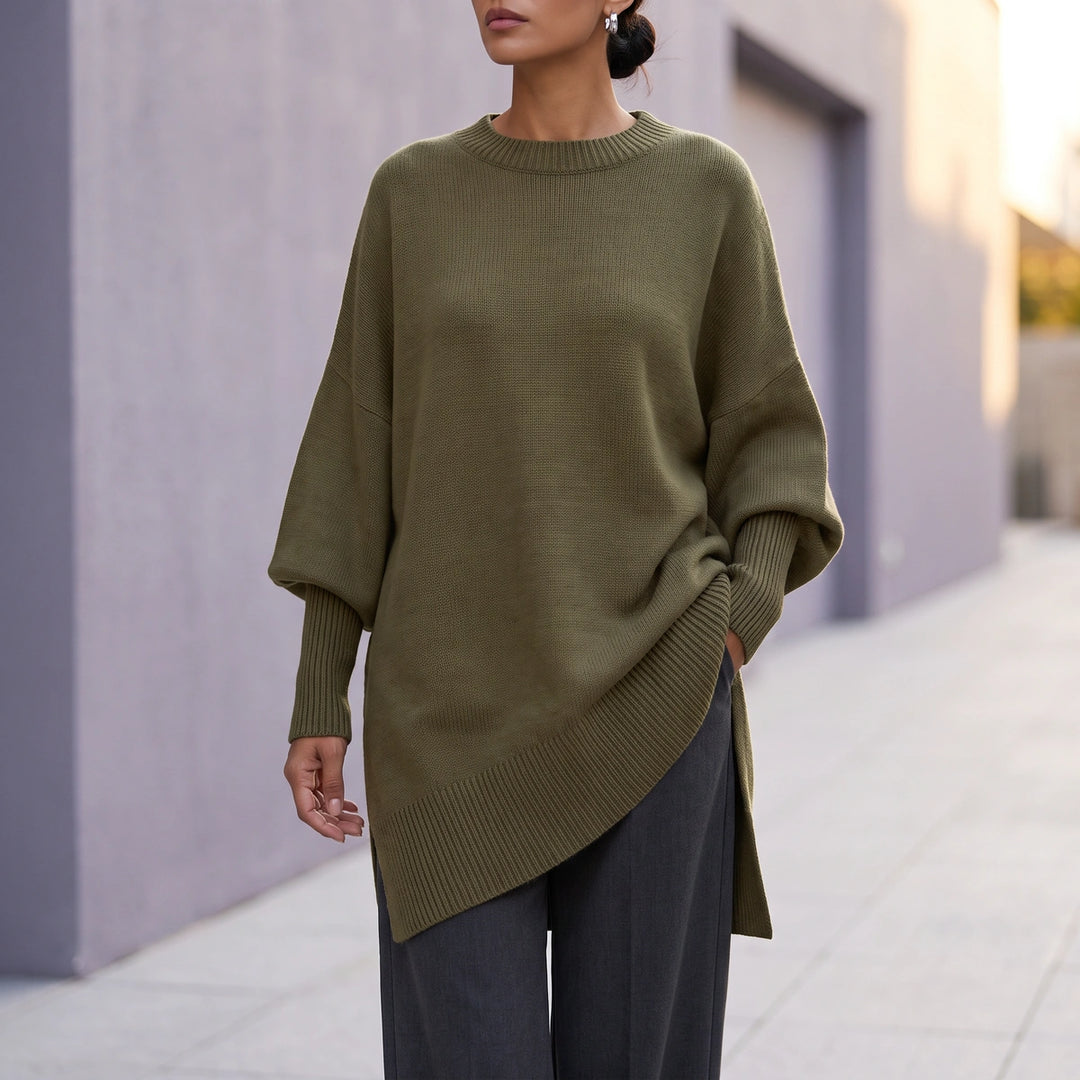 Monica Dolman Sleeve Knit Tunic Sweater - Olive Green