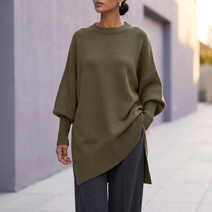 Monica Dolman Sleeve Knit Tunic Sweater - Olive Green