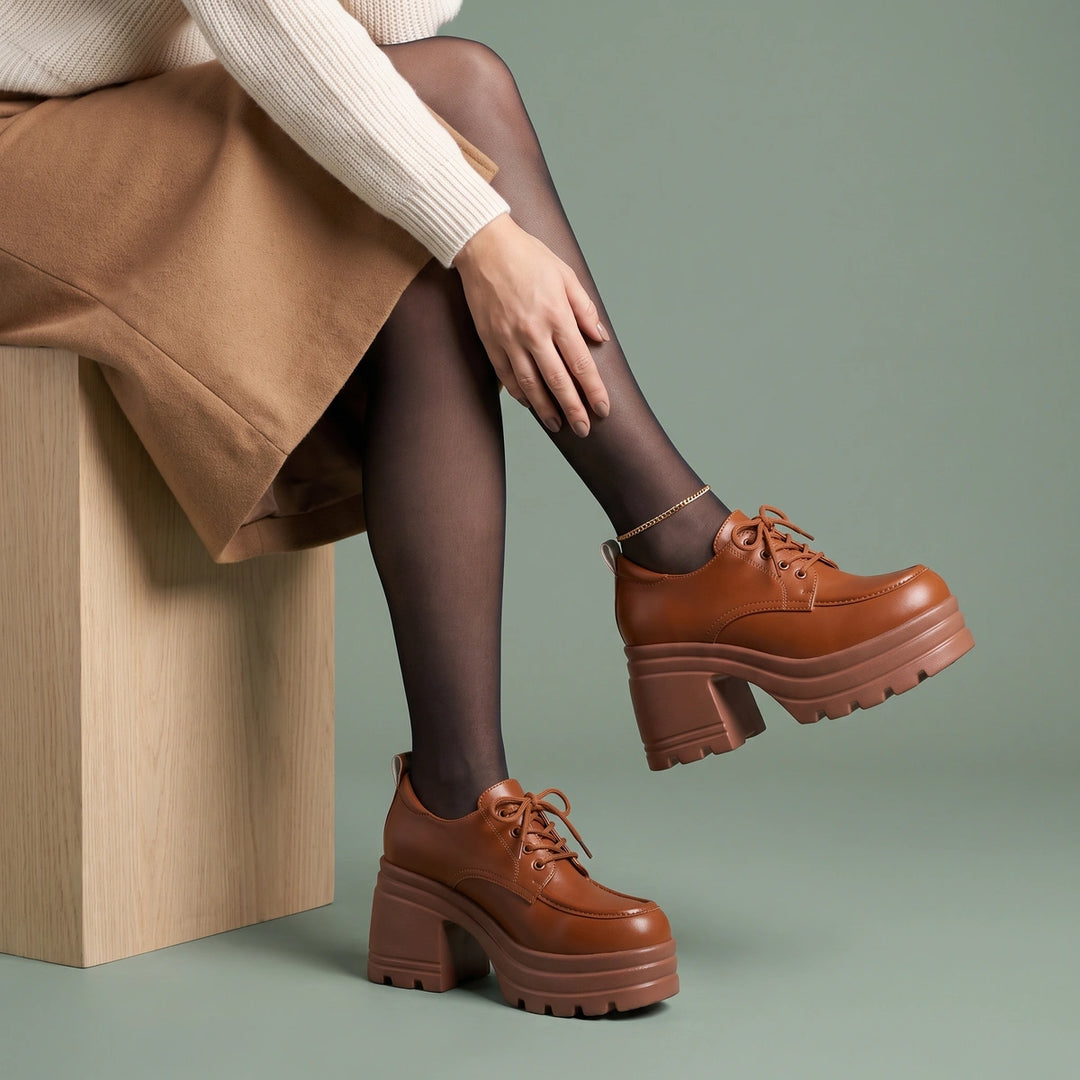 Morgana Leather Tiered Platform Lace Up Oxfords - Brown