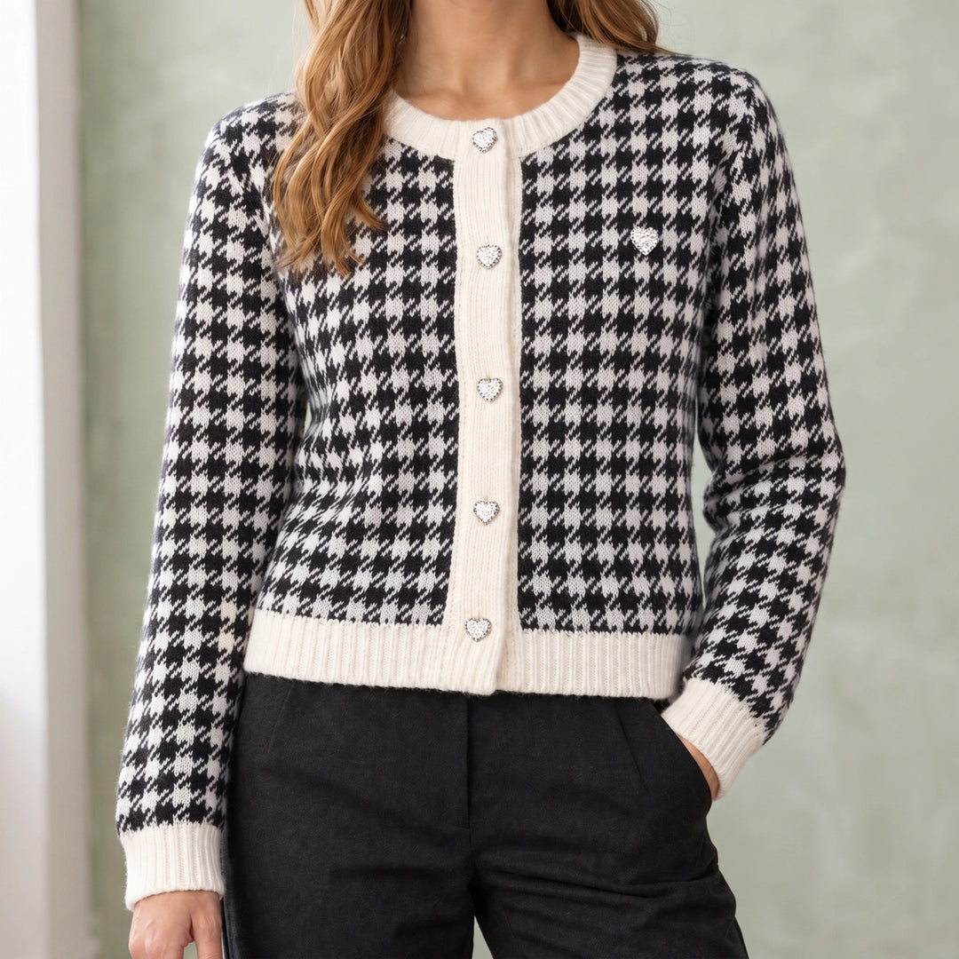 Muriel Houndstooth Contrast Trim Cropped Cardigan - Black