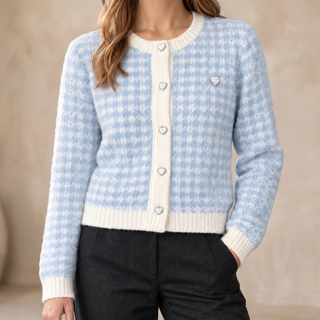 Muriel Houndstooth Contrast Trim Cropped Cardigan - Light Blue
