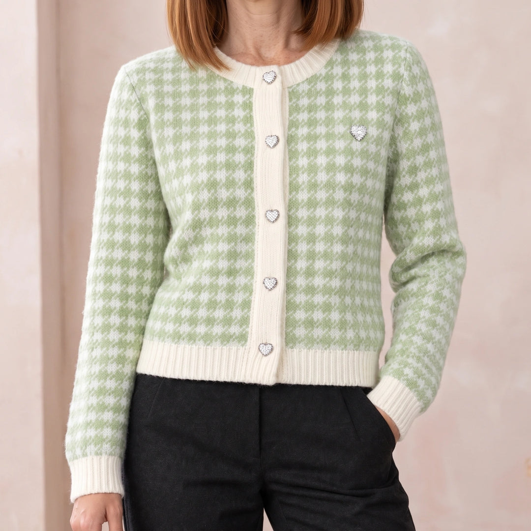 Muriel Houndstooth Contrast Trim Cropped Cardigan - Ocean Green