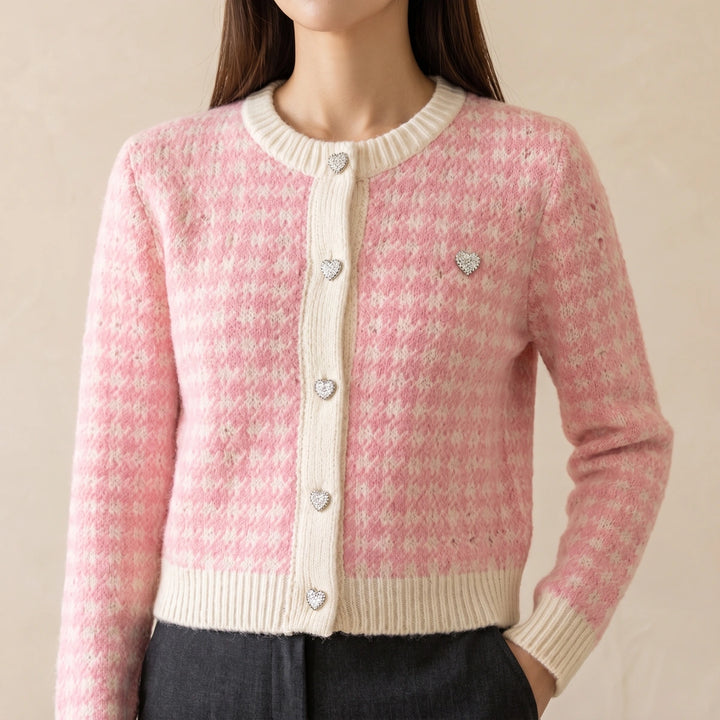 Muriel Houndstooth Contrast Trim Cropped Cardigan - Powder