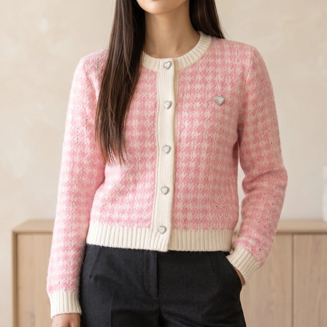 Muriel Houndstooth Contrast Trim Cropped Cardigan - Powder