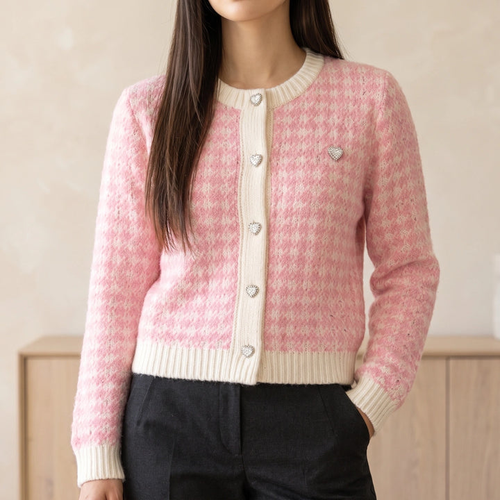 Muriel Houndstooth Contrast Trim Cropped Cardigan - Powder