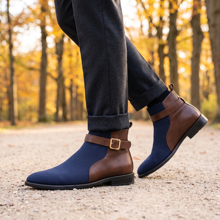 Murray Orthopedic Knit Buckle Strap Chelsea Boots - Navy