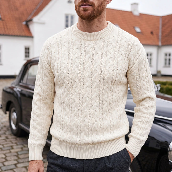 Nathaniel Cable Knit Crew Neck Wool Blend Sweater - Beige
