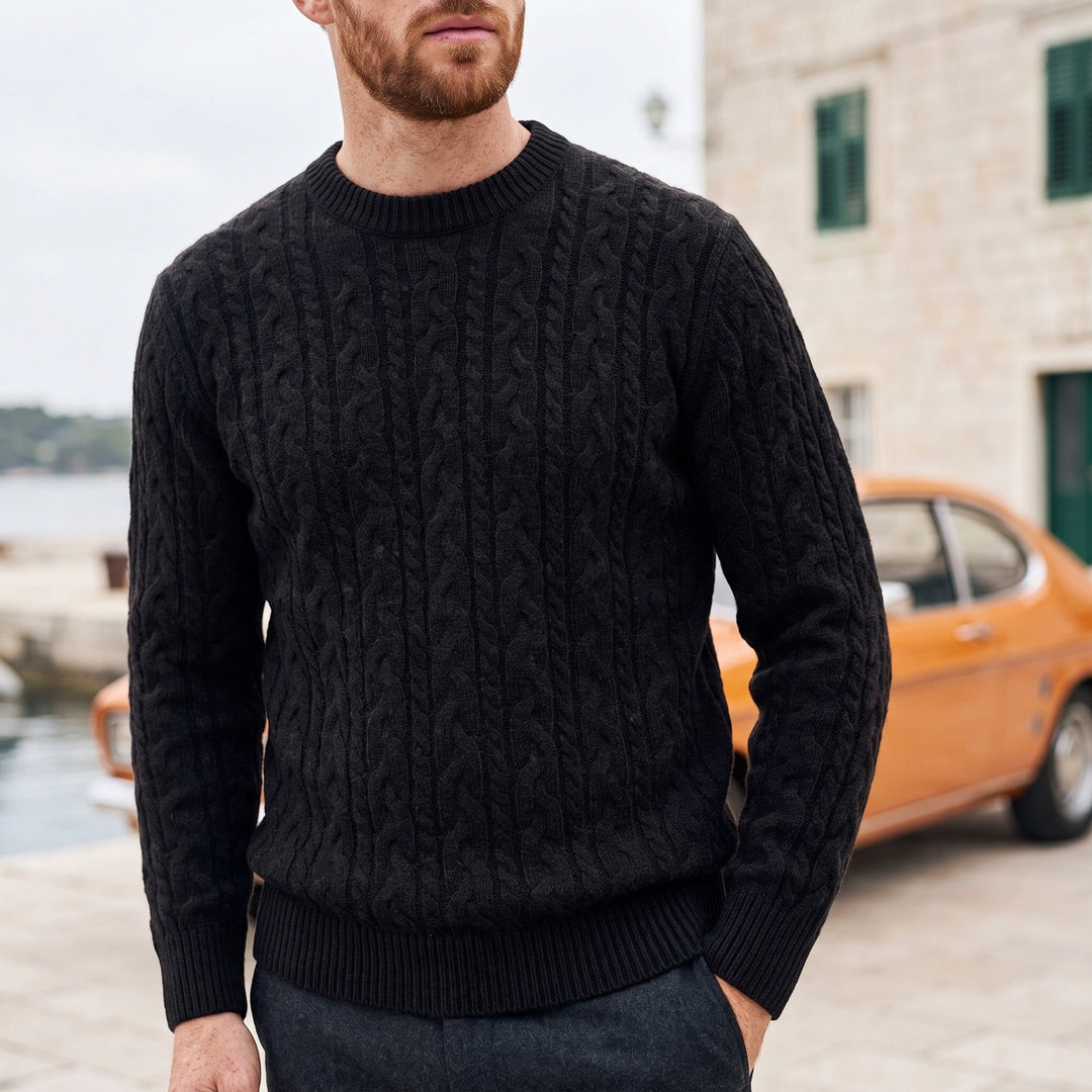 Nathaniel Cable Knit Crew Neck Wool Blend Sweater - Black