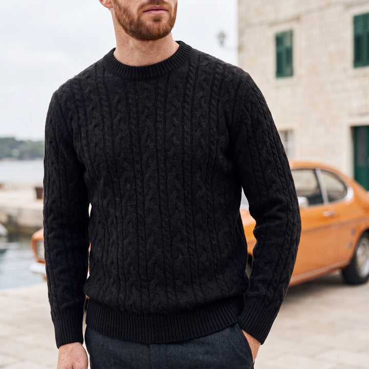 Nathaniel Cable Knit Crew Neck Wool Blend Sweater - Black