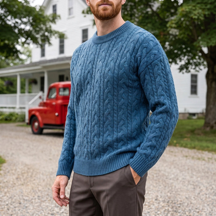 Nathaniel Cable Knit Crew Neck Wool Blend Sweater - Navy Blue