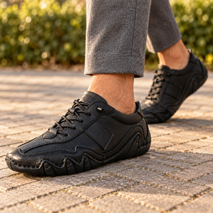 Neville Wavy Sole Handmade Leather Lace Up Shoes - Black