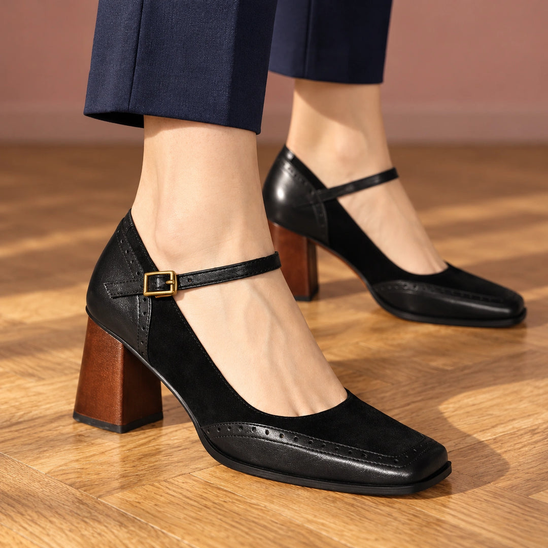 Nicole Two Tone Brogue Mary Jane Block Heels - Black