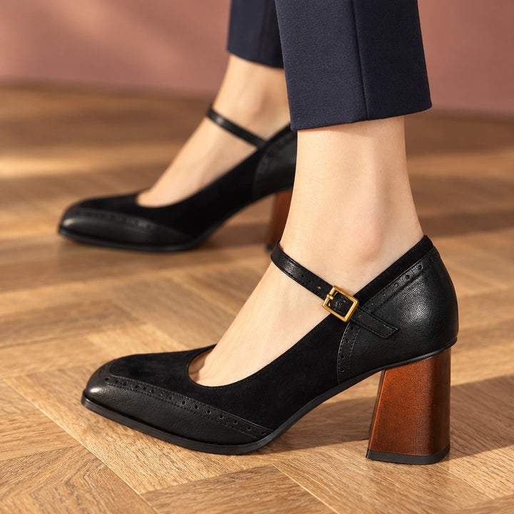 Nicole Two Tone Brogue Mary Jane Block Heels - Black
