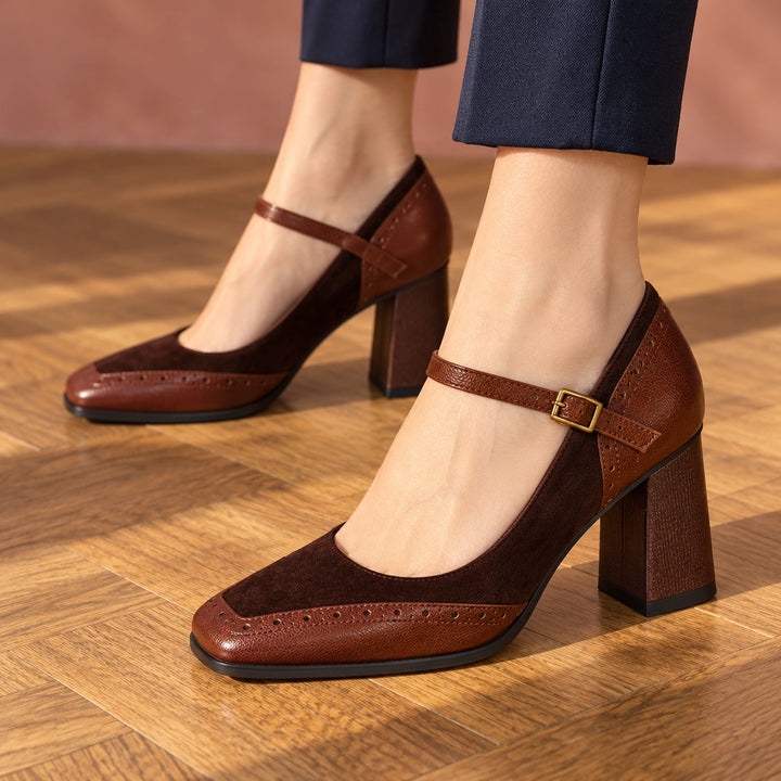 Nicole Two Tone Brogue Mary Jane Block Heels - Brown
