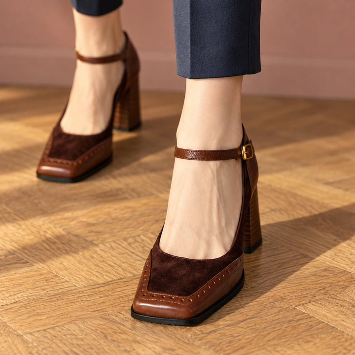 Nicole Two Tone Brogue Mary Jane Block Heels - Brown
