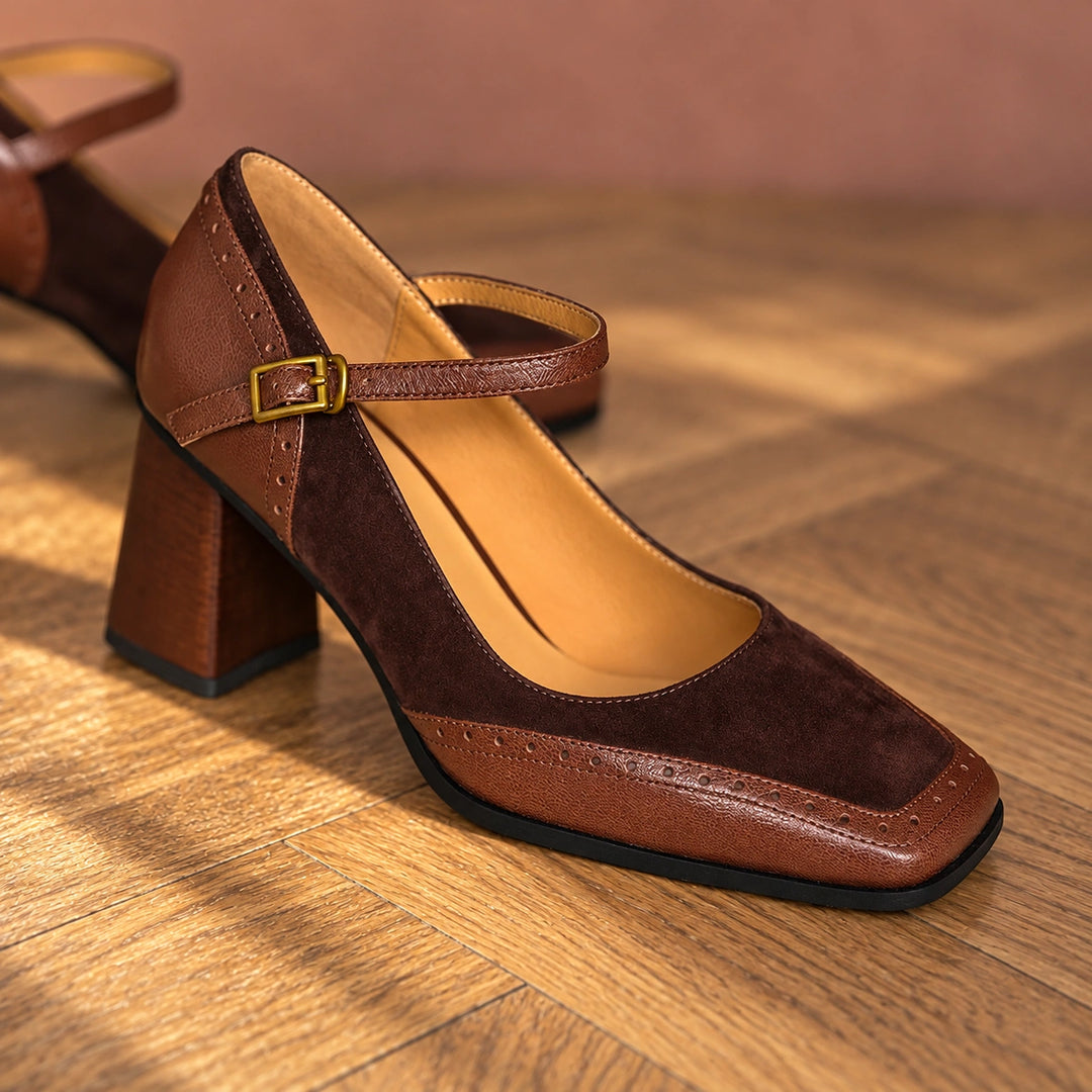 Nicole Two Tone Brogue Mary Jane Block Heels - Brown