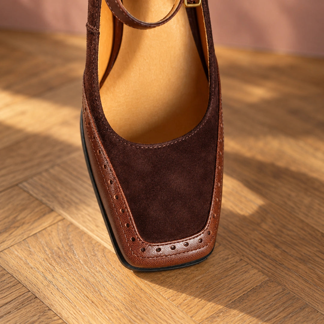 Nicole Two Tone Brogue Mary Jane Block Heels - Brown