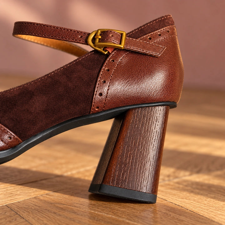 Nicole Two Tone Brogue Mary Jane Block Heels - Brown