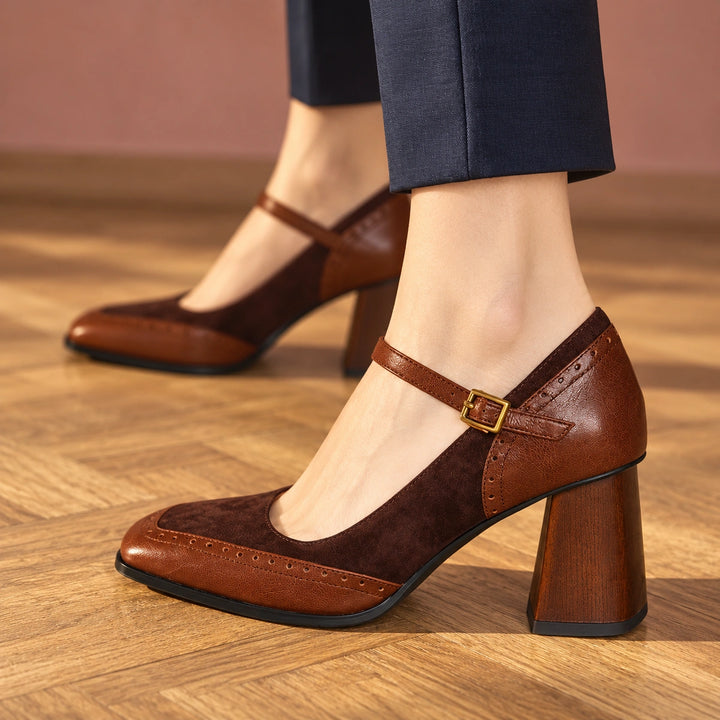 Nicole Two Tone Brogue Mary Jane Block Heels - Brown