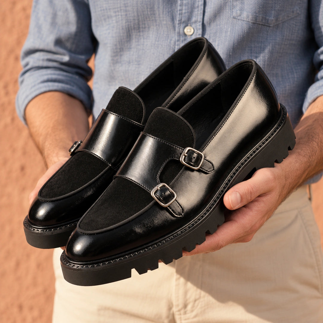 Nikodem Two Tone Leather Lug Sole Monk Loafers - Black