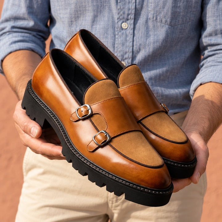 Nikodem Two Tone Leather Lug Sole Monk Loafers - Brown