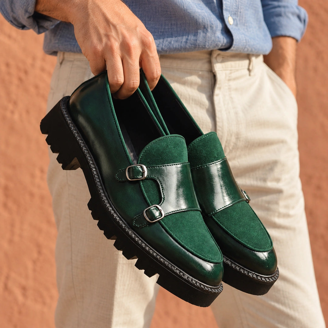 Nikodem Two Tone Leather Lug Sole Monk Loafers - Green
