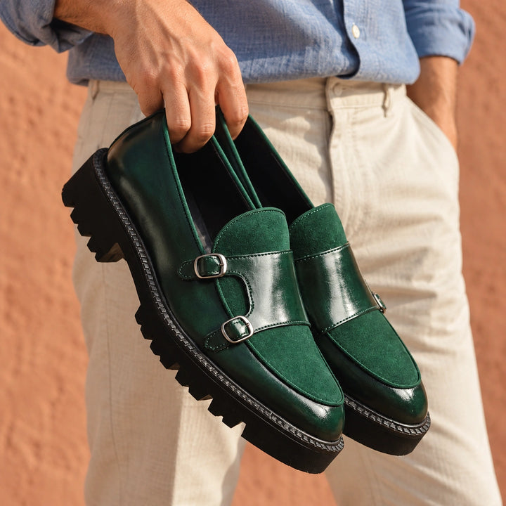 Nikodem Two Tone Leather Lug Sole Monk Loafers - Green