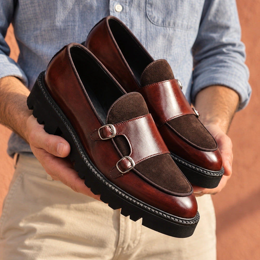 Nikodem Two Tone Leather Lug Sole Monk Loafers - Red