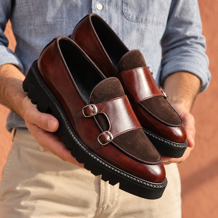 Nikodem Two Tone Leather Lug Sole Monk Loafers - Red