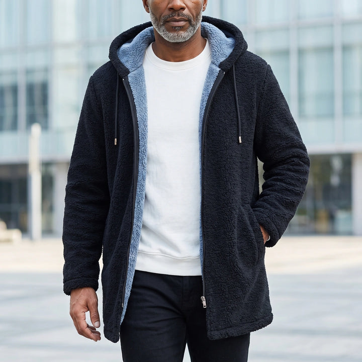 Nikolai Hooded Fleece Lined Full Zip Long Jacket - Black