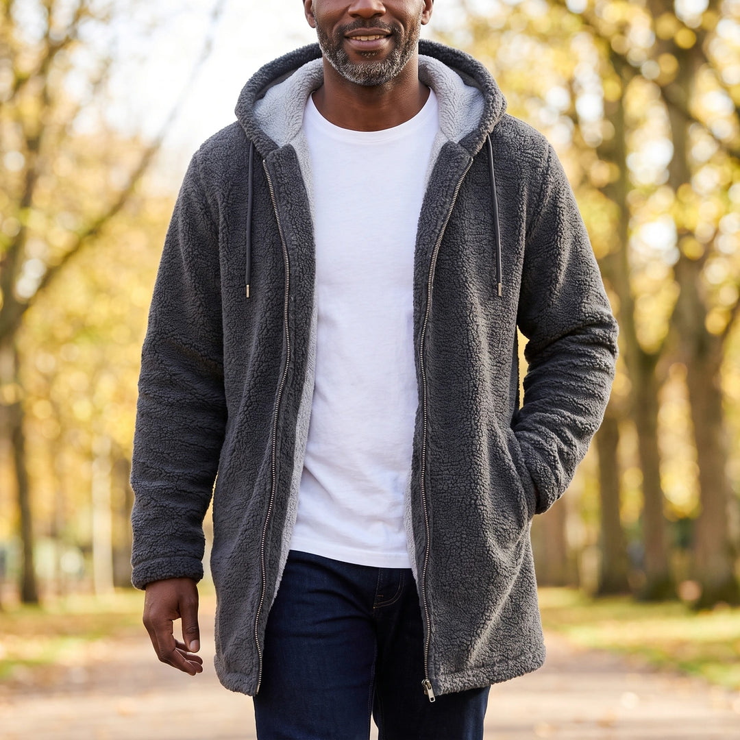 Nikolai Hooded Fleece Lined Full Zip Long Jacket - Dark Gray