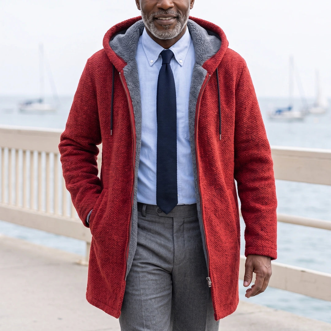 Nikolai Hooded Fleece Lined Full Zip Long Jacket - Red