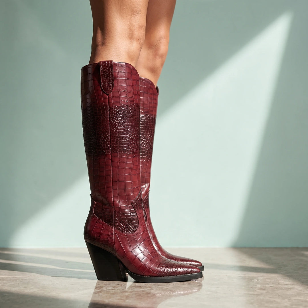 Noor Croc Embossed Knee High Block Heel Boots - Wine Red