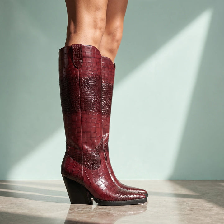 Noor Croc Embossed Knee High Block Heel Boots - Wine Red