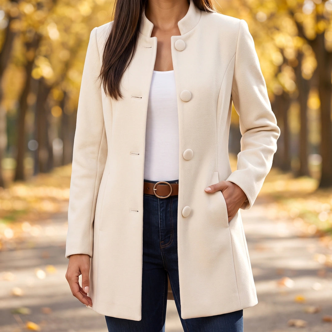 Nora Wool Blend Stand Collar Tailored Coat - Beige