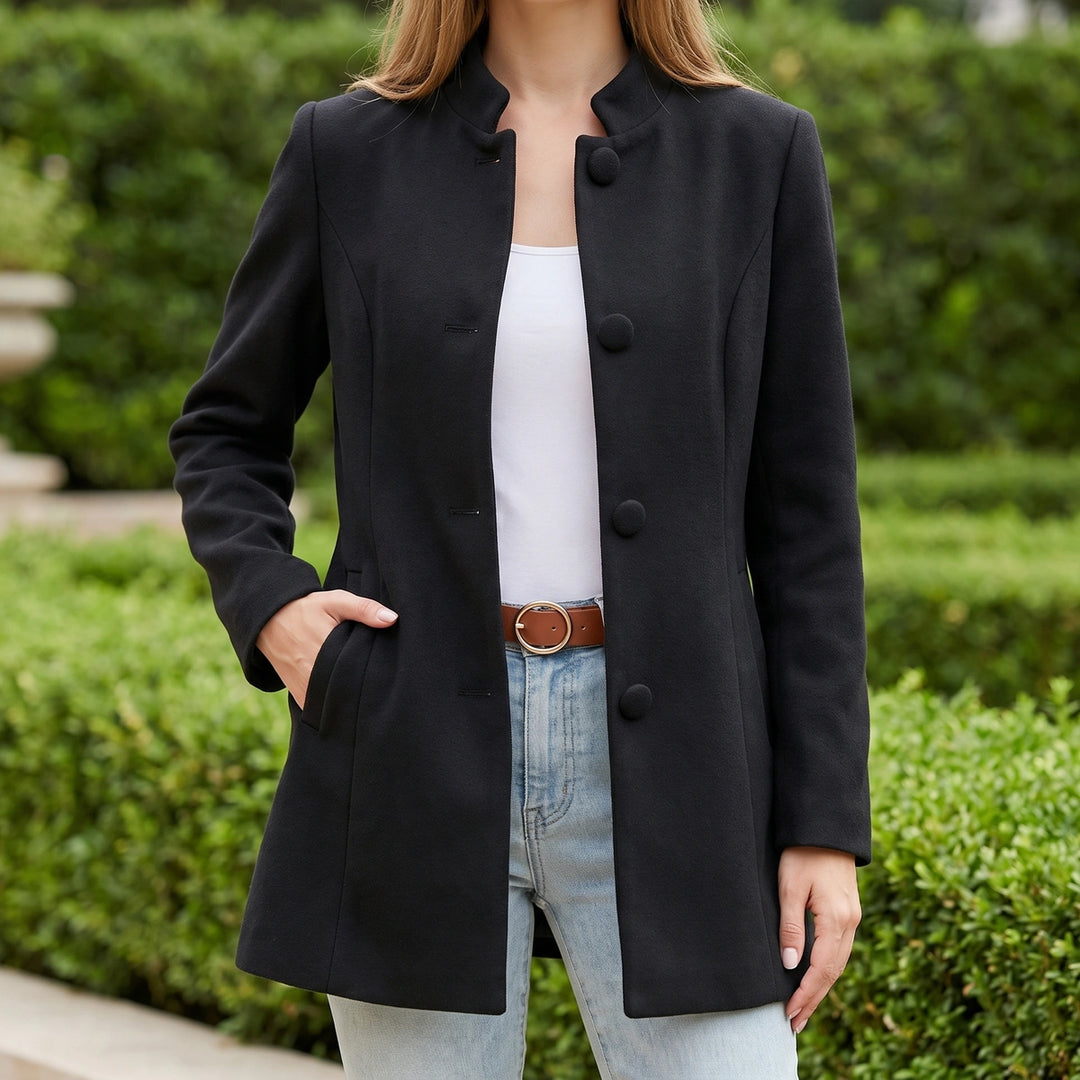 Nora Wool Blend Stand Collar Tailored Coat - Black