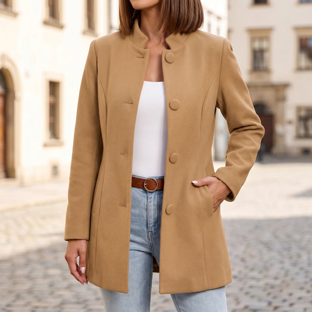 Nora Wool Blend Stand Collar Tailored Coat - Brown