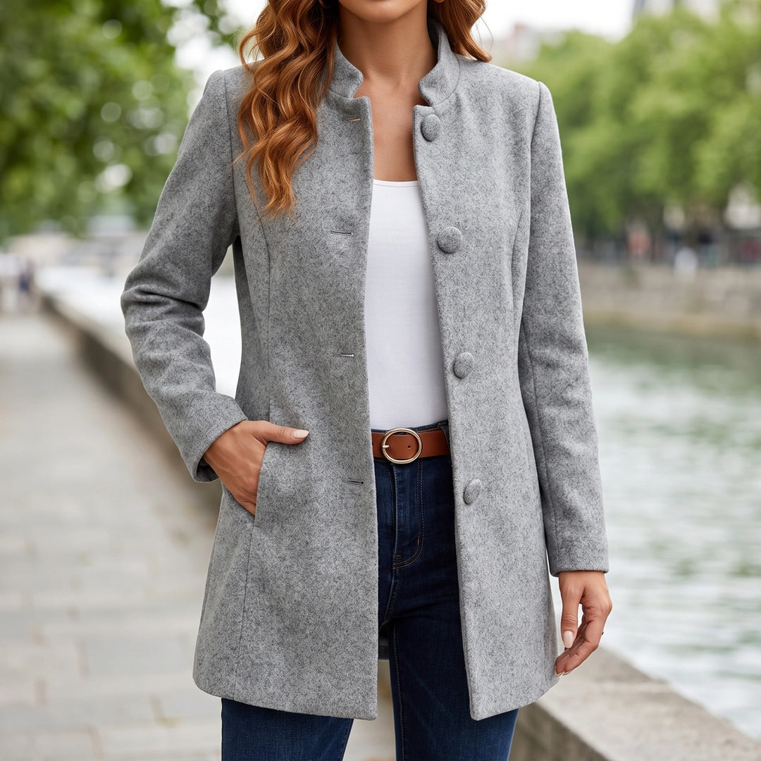 Nora Wool Blend Stand Collar Tailored Coat - Gray