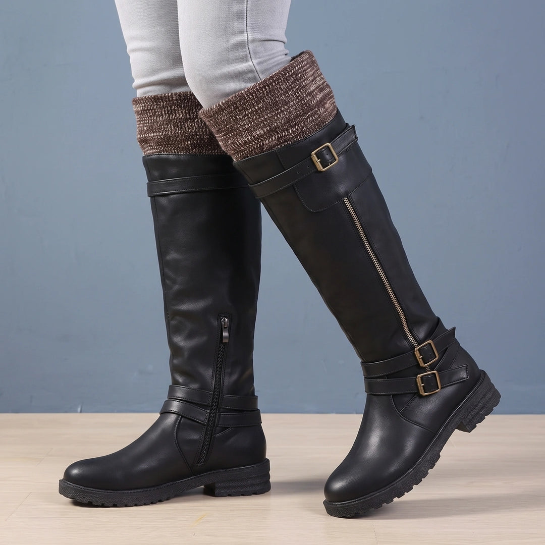 Norma Knit Cuff Buckle Knee High Winter Boots - Black
