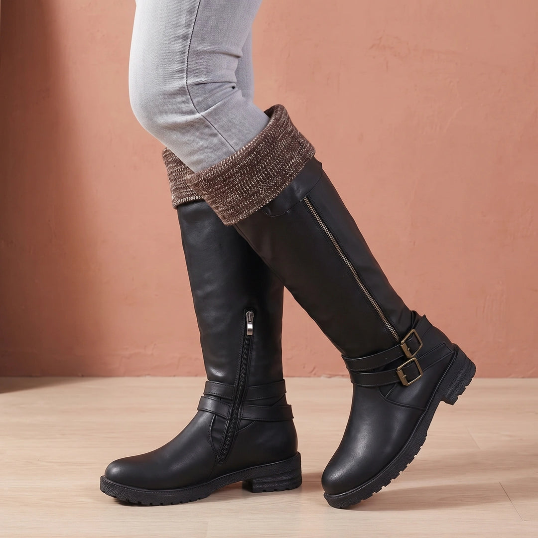 Norma Knit Cuff Buckle Knee High Winter Boots - Black