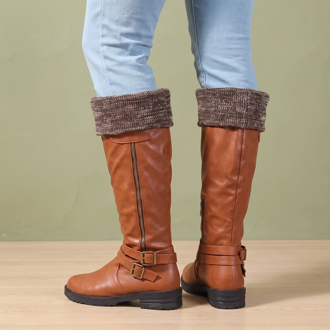 Norma Knit Cuff Buckle Knee High Winter Boots - Brown