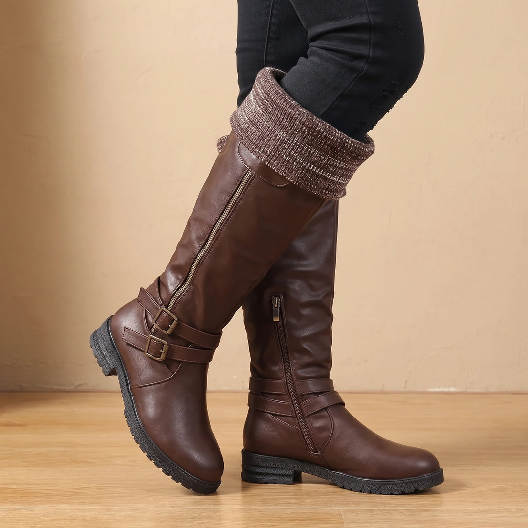 Norma Knit Cuff Buckle Knee High Winter Boots - Dark Brown