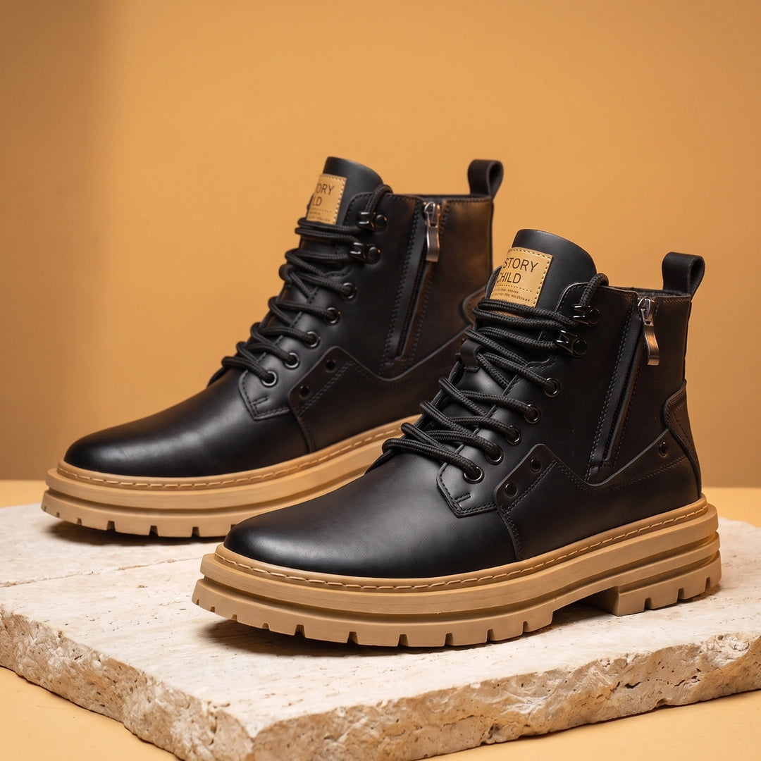 Oliver Full Grain Leather Lug Sole Zip Boots - Black