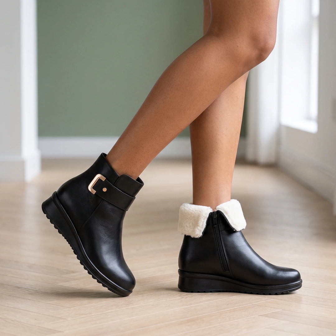 Olympia Non Slip Plush Lined Buckle Winter Ankle Boots - Black & White