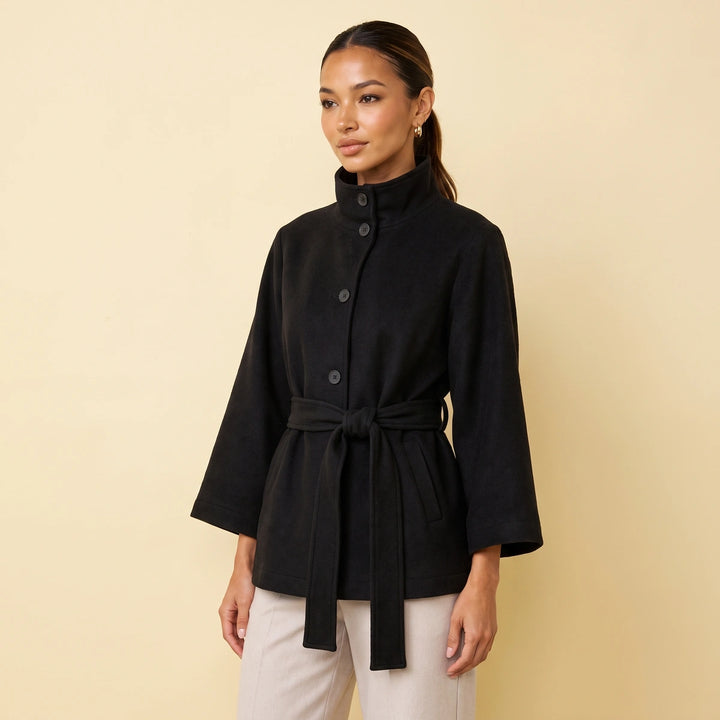 Oriane Belted Cape Sleeve Stand Collar Jacket - Black