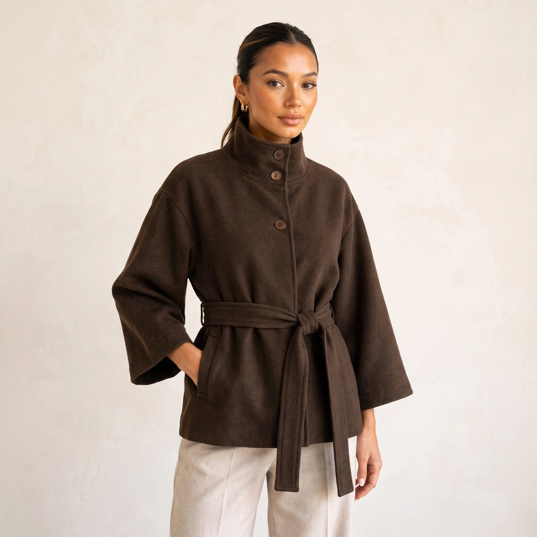 Oriane Belted Cape Sleeve Stand Collar Jacket - Brown